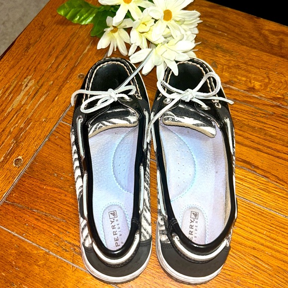 SPERRY⛵️TOP-SIDER Leather/Fabric Black Boat Shoes🦓Zebra Print Size 7.5 Women’s - Picture 3 of 12